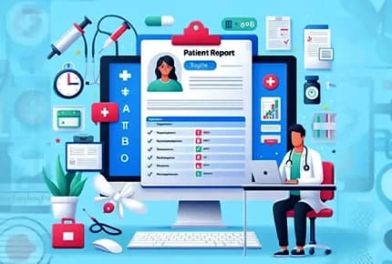 Doctor managing digital patient records and reports on computer, representing the best patient management software for hospitals and clinics.