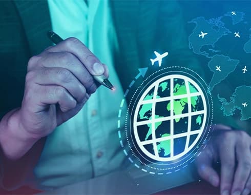 Person managing global travel routes on digital screen, representing employee and dependent visa management for a Gulf business group using visa management software.