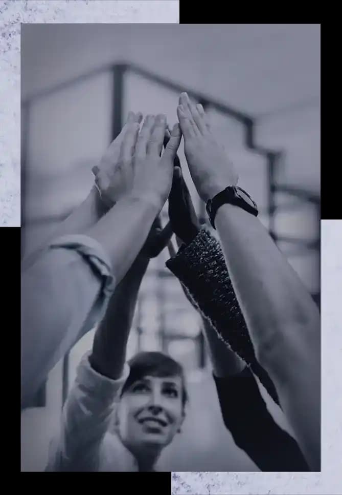 Team joining hands in celebration, representing collaboration and success in software consultancy.