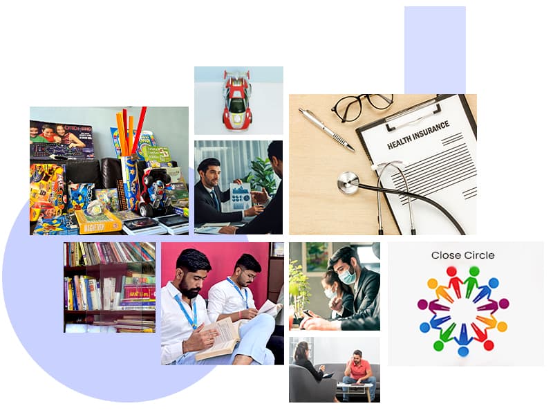 Collage showcasing Mechsoft’s culture of balance and overall happiness, including toy library activities, reading and learning sessions, health insurance support, counselling, financial planning discussions, and the CloseCircle peer-support program.