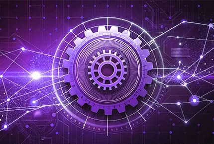 Digital gear and data network illustration representing a flexible and smart decision management platform for businesses.
