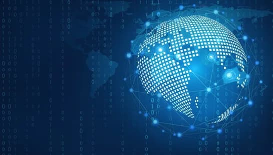 Global digital network with interconnected data nodes and binary code, representing ML development services used for AI infrastructure optimization and system rescue.