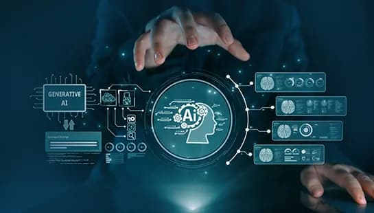 Futuristic interface showing hands interacting with a digital AI dashboard, illustrating custom AI development, generative AI workflows, and intelligent data processing.