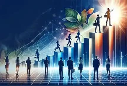 People climbing ladder-like steps toward success, symbolizing business growth with HRIS software.