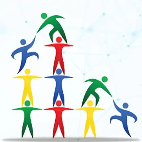 People helping each other climb toward success, symbolizing teamwork and support by human capital management software companies.