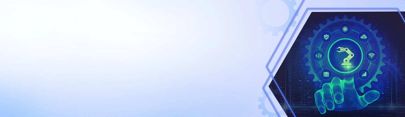 Digital interface showing a robotic automation icon surrounded by technology symbols, representing Mechsoft’s tailored software solutions for diverse industries powered by custom engineering and domain expertise.