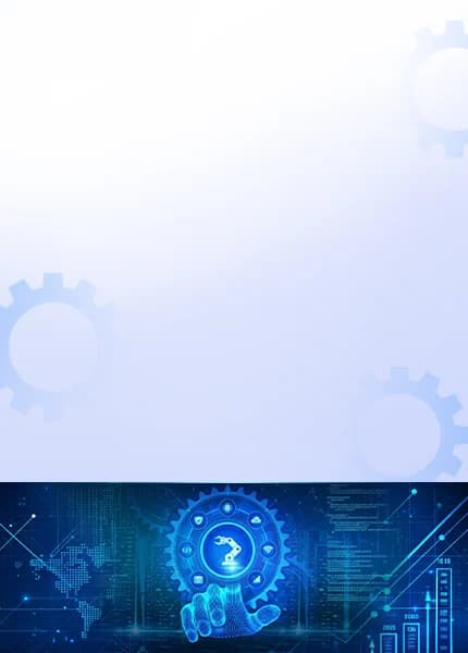Digital interface showing a robotic automation icon surrounded by technology symbols, representing Mechsoft’s tailored software solutions for diverse industries powered by custom engineering and domain expertise.