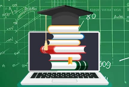 Laptop with stacked books and graduation cap, representing educational software for complete process management
