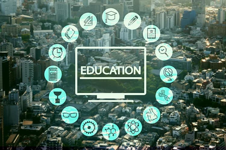 Digital education icons over city background, representing knowledge management software that goes beyond traditional school management systems.