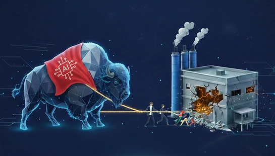 Illustration of a powerful AI-driven bull labeled AI breaking legacy systems, symbolizing how an AI ML development company provides AI consultation and strategy to modernize outdated infrastructure.