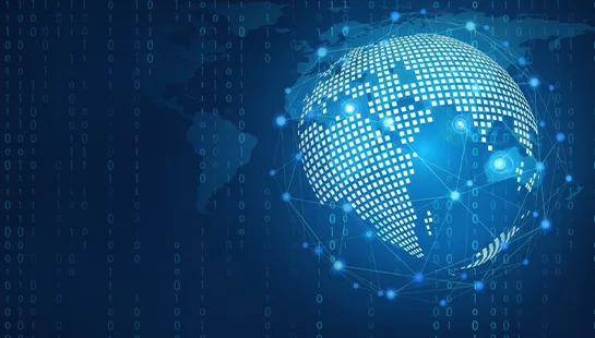 Global digital network with interconnected data nodes and binary code, representing ML development services used for AI infrastructure optimization and system rescue.