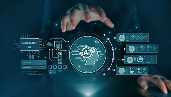 Futuristic interface showing hands interacting with a digital AI dashboard, illustrating custom AI development, generative AI workflows, and intelligent data processing.