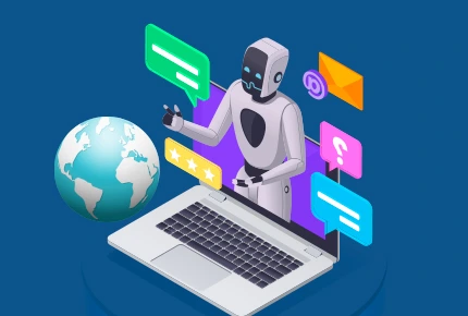 Illustration of a robot emerging from a laptop surrounded by chat bubbles, global icons, and digital notifications, representing machine learning prediction in AI-powered workflows.