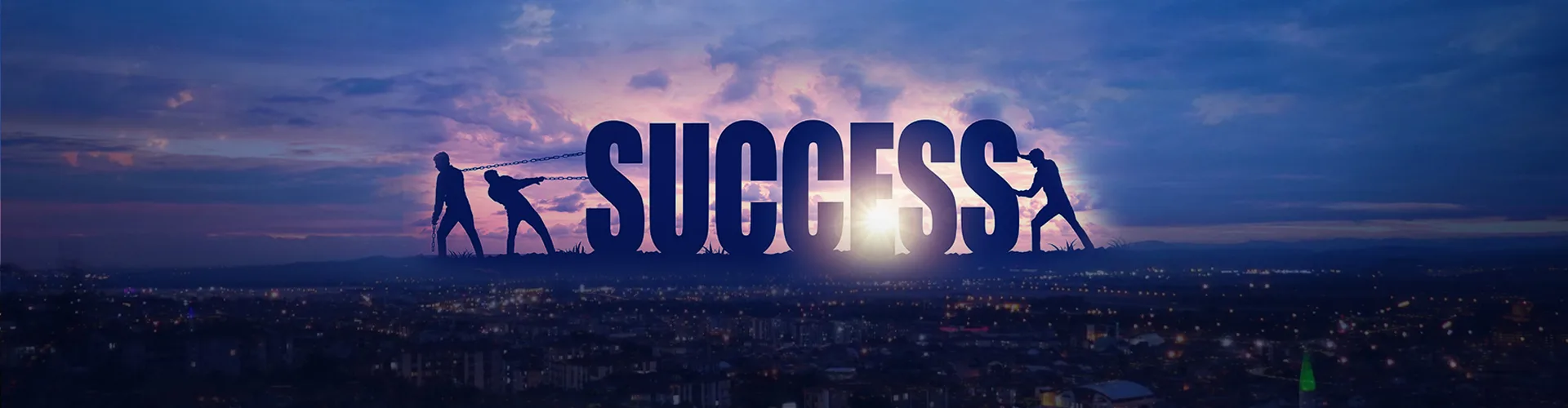 Silhouettes of people pulling and pushing giant letters forming the word “SUCCESS” against a sunrise cityscape, symbolizing teamwork, effort, and the journey to success.