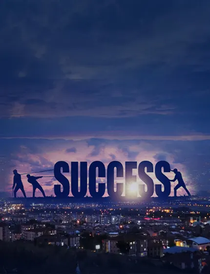 Silhouettes of people pulling and pushing giant letters forming the word “SUCCESS” against a sunrise cityscape, symbolizing teamwork, effort, and the journey to success.