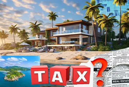 Luxury beachfront villa with ocean views shown alongside tax documents and a “TAX?” graphic, highlighting questions about tourist tax on high-value holiday properties.