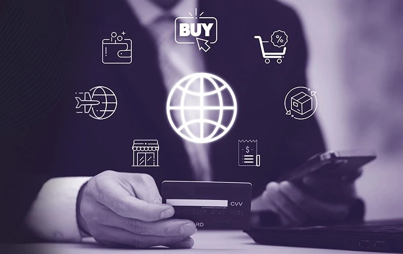 Business user holding a credit card with global travel and commerce icons, representing custom software development for travel such as GDS-integrated booking engines and innovative hospitality tech solutions.