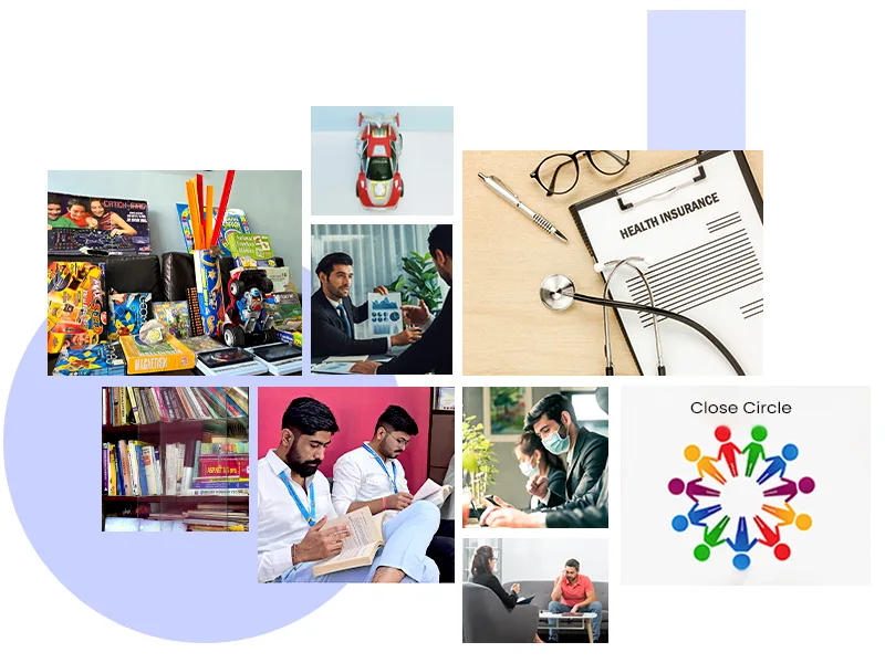 Collage showcasing Mechsoft’s culture of balance and overall happiness, including toy library activities, reading and learning sessions, health insurance support, counselling, financial planning discussions, and the CloseCircle peer-support program.
