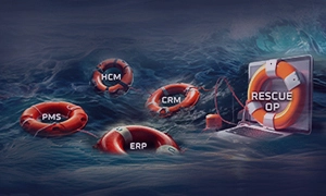 Illustration of lifebuoys labeled ERP, CRM, HCM, PMS being rescued by technology, symbolizing how a legacy software modernization company upgrades outdated systems into modern solutions.