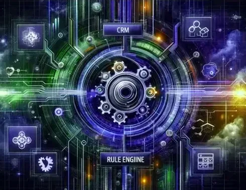 Digital illustration of CRM and rule engine integration representing a case study on transforming telecom billing through legacy software modernization.