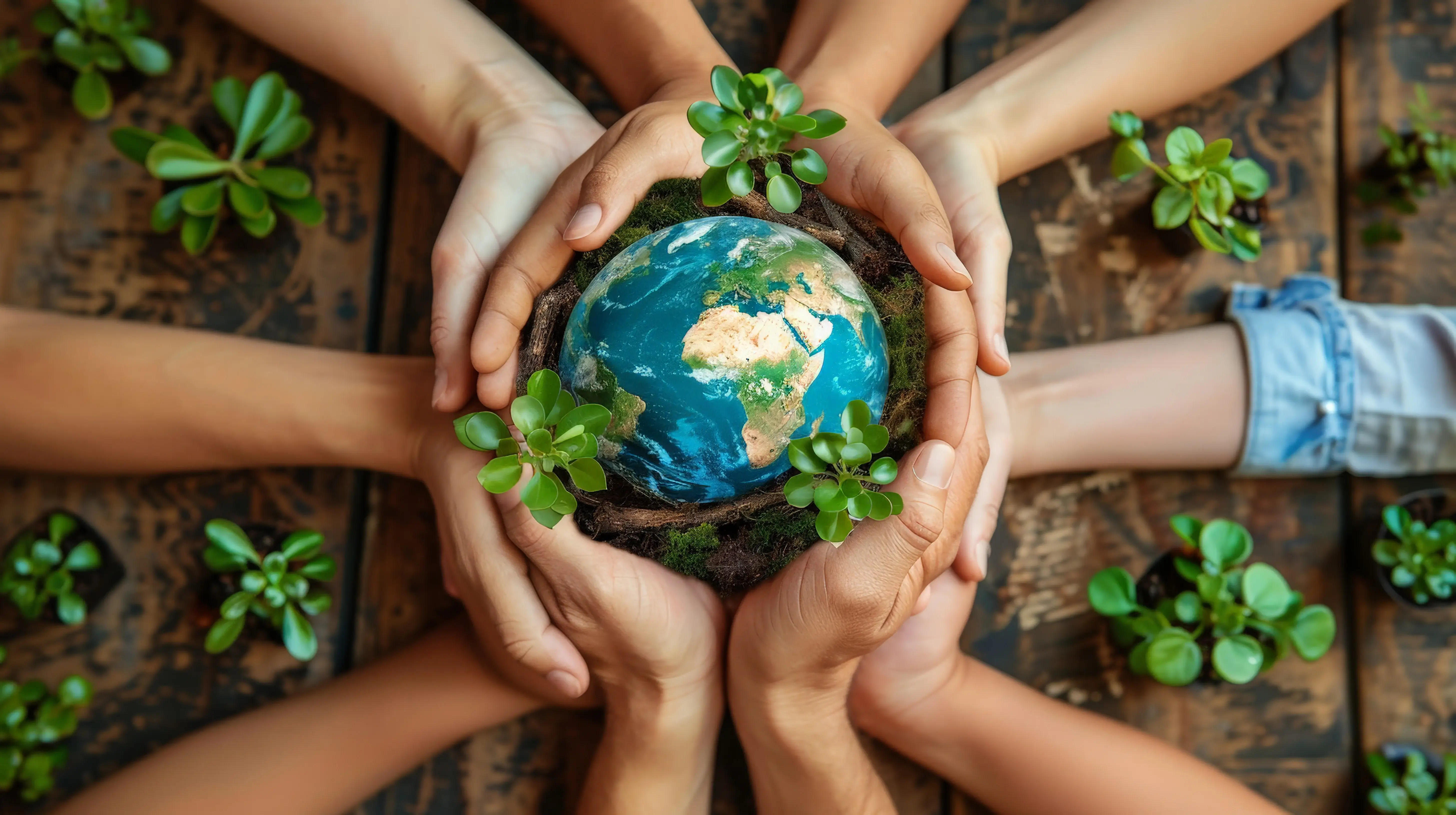 Hands holding the Earth surrounded by green plants, symbolizing global unity and innovations to help humanity protect and sustain the planet.